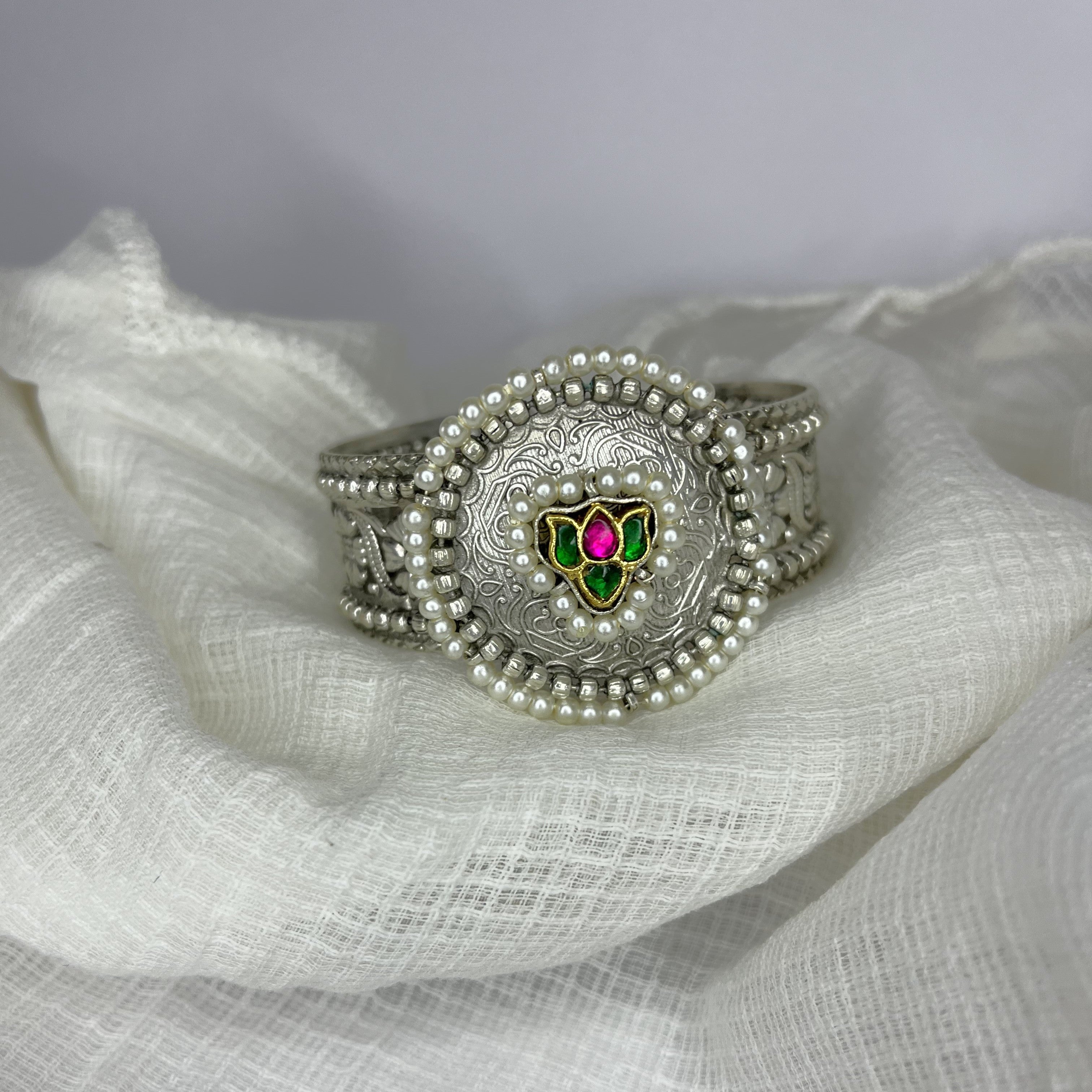 Silver Adjustable Bracelet with  Multicolor Kundan Stones & Pearls