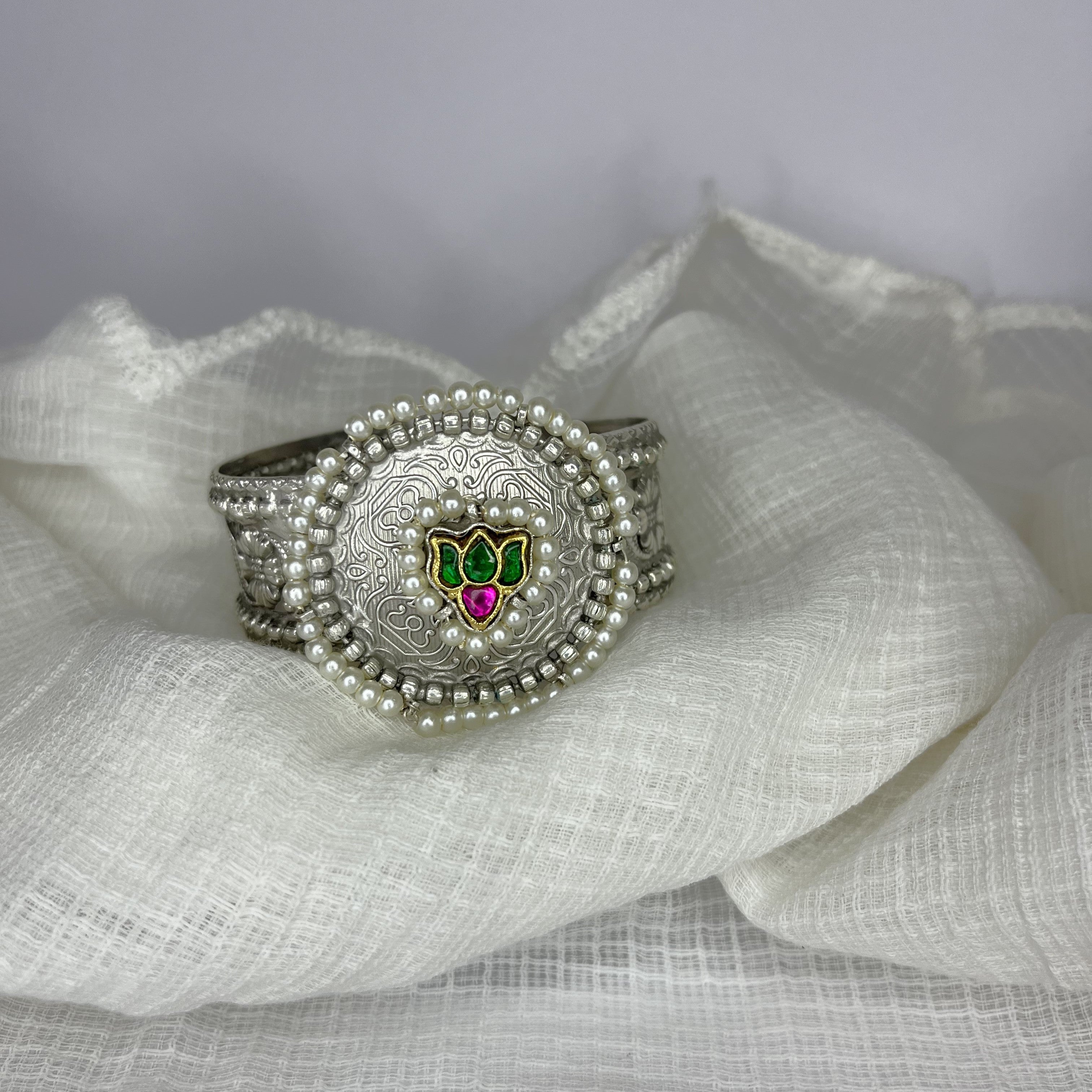 Silver Adjustable Bracelet with  Multicolor Kundan Stones & Pearls