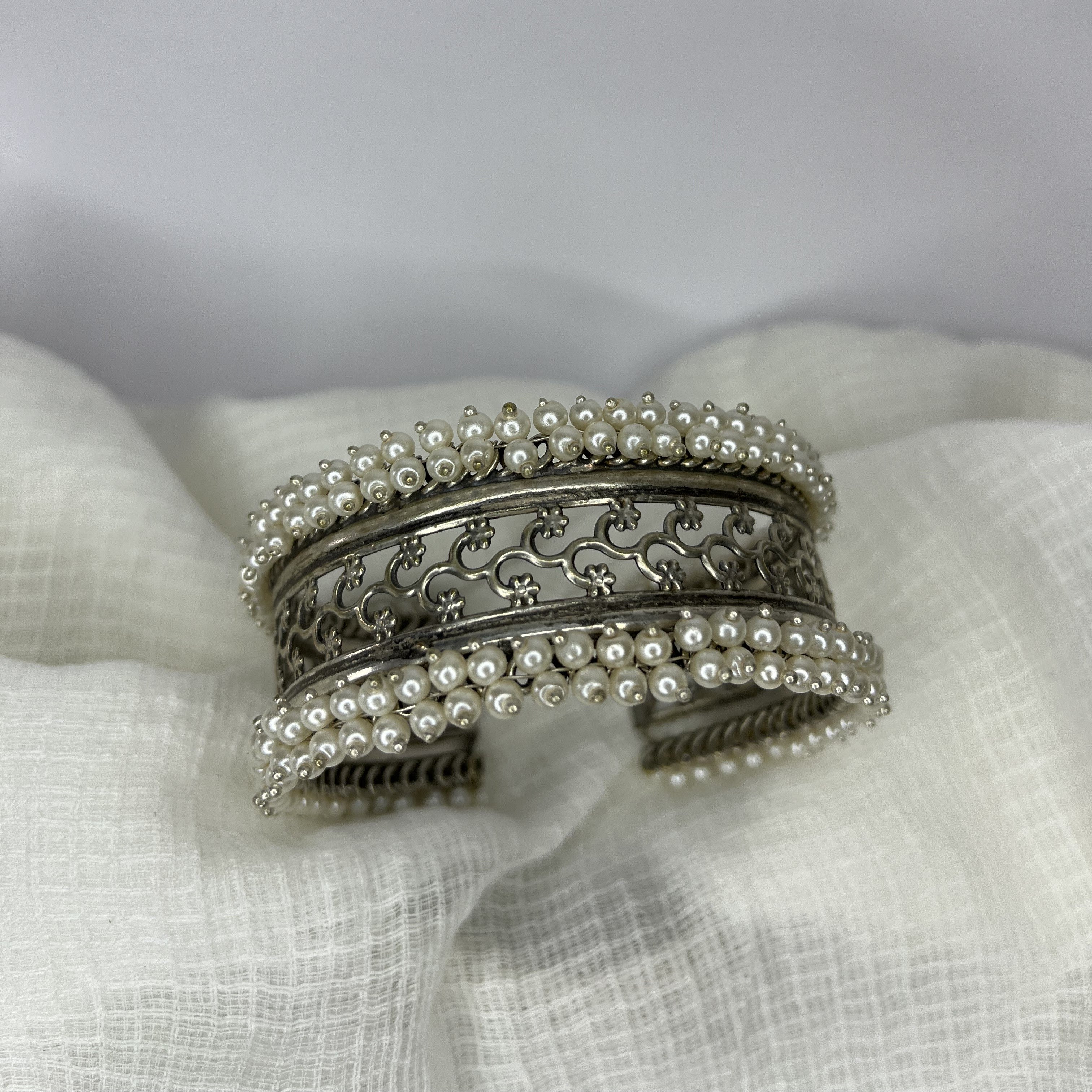Silver Adjustable Bracelet with  Pearls