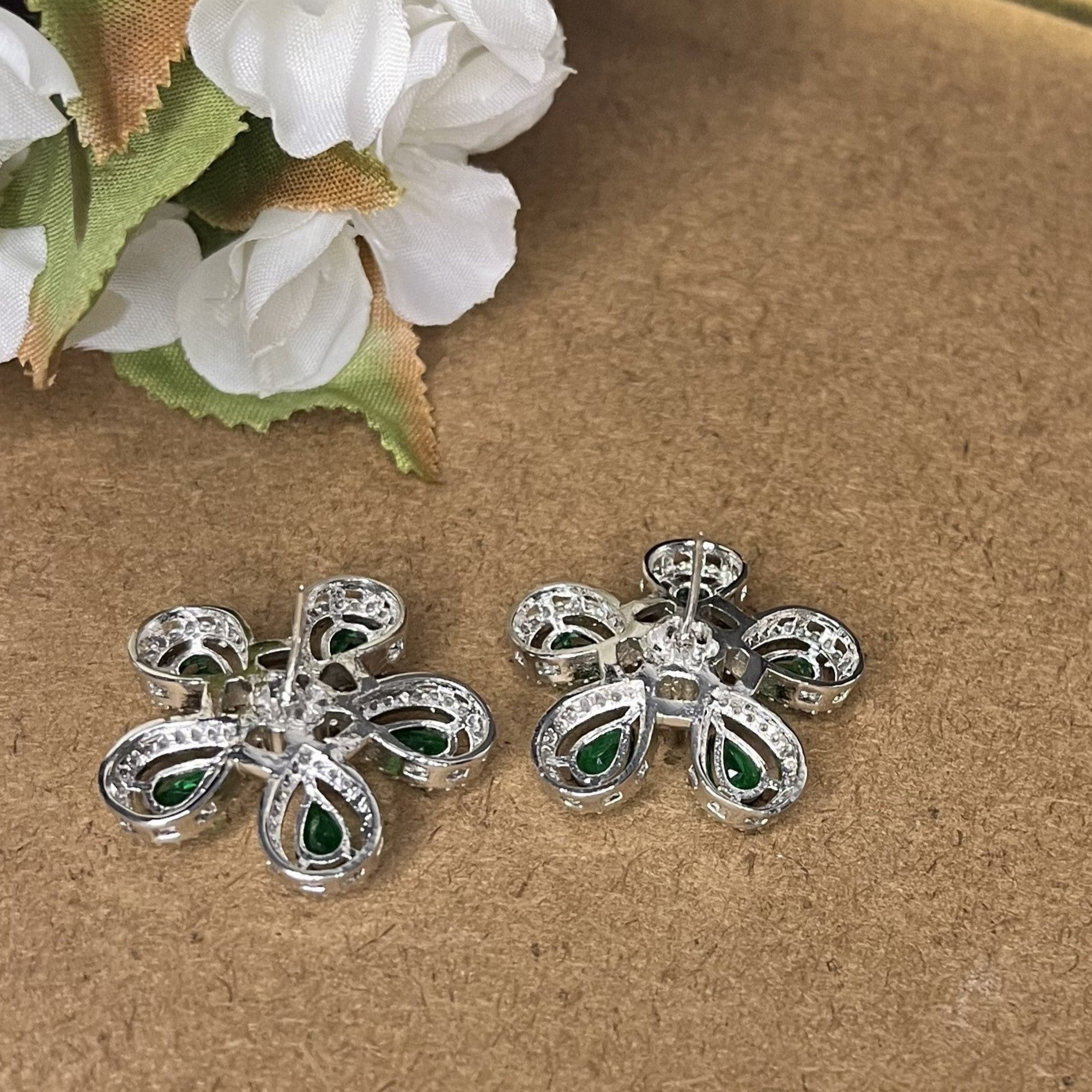 AD Silver & Green Flower Stud Earrings