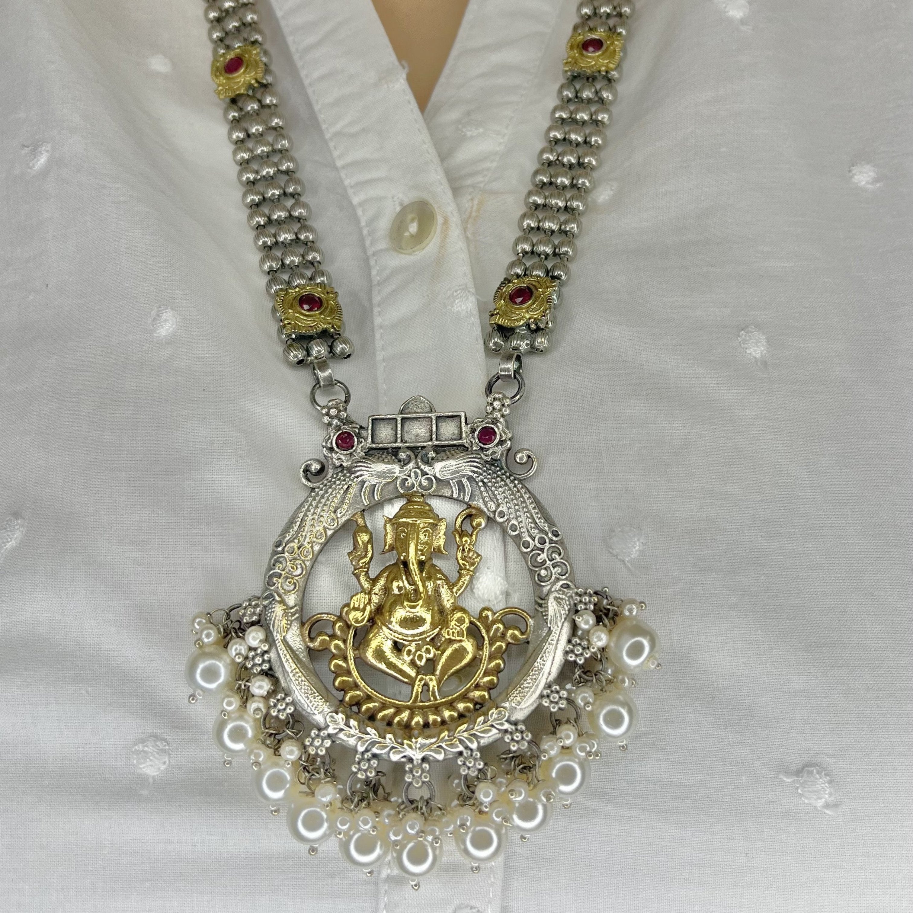 Ganesha Silver Plated Long Necklace (Necklace Only)